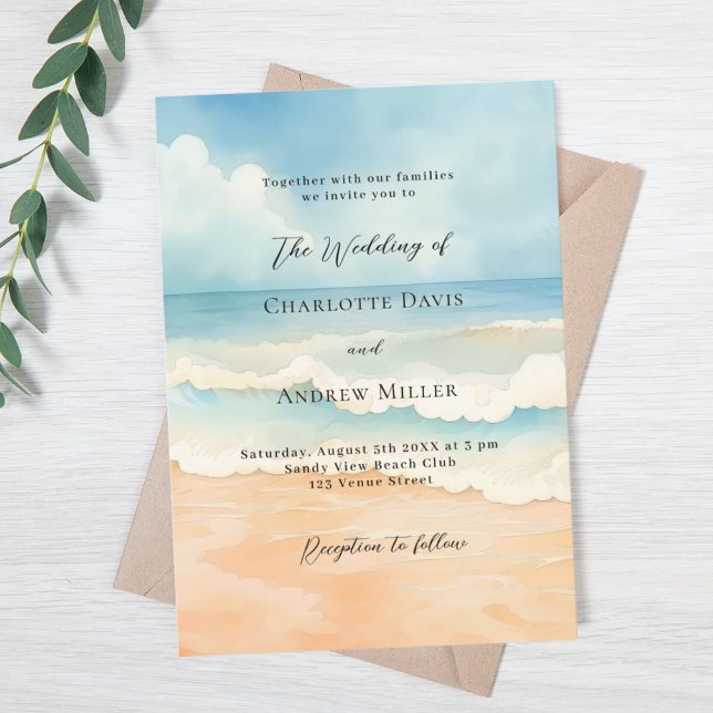 Beach ocean waves blue beige wedding invitation (Creator Uploaded)