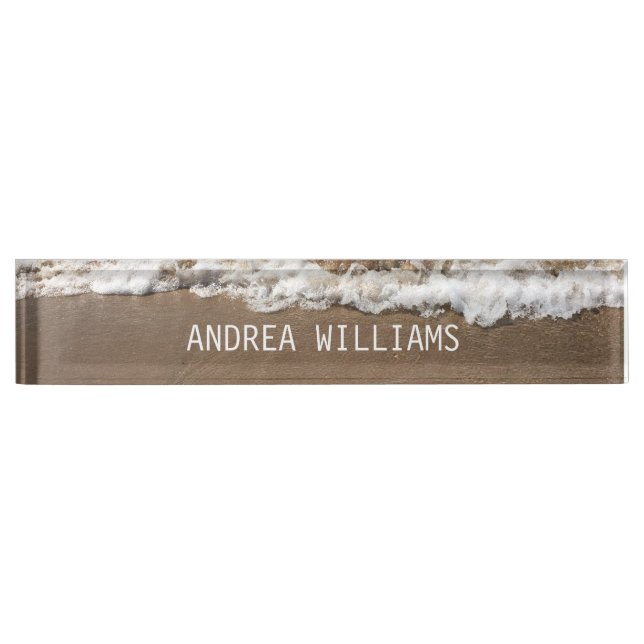 Beach Ocean Waves Monogram Name White Brown Sandy Nameplate (Front)