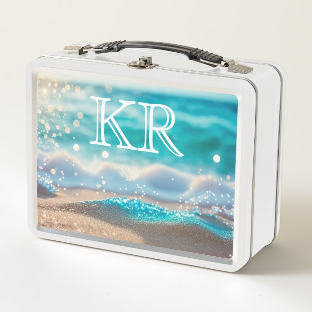 Beach Ocean Waves Nature Sparkle Initials Metal Lunch Box (Front)