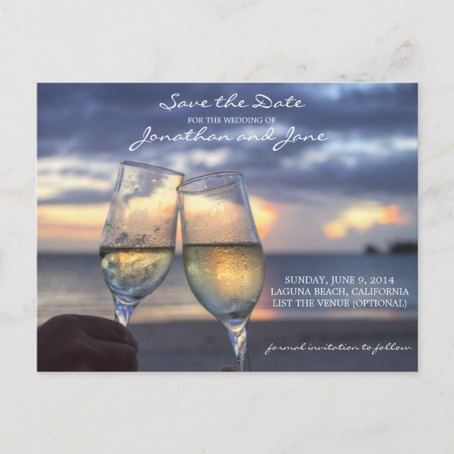 Beach Ocean Wedding Champagne Glass Save the Date Announcement Postcard (Front)