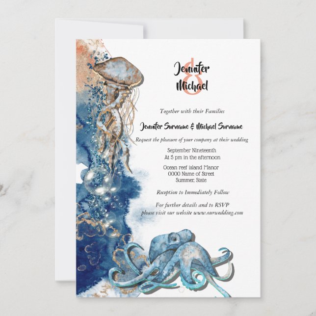 Beach octopus blue brown orange watercolor fish invitation (Front)