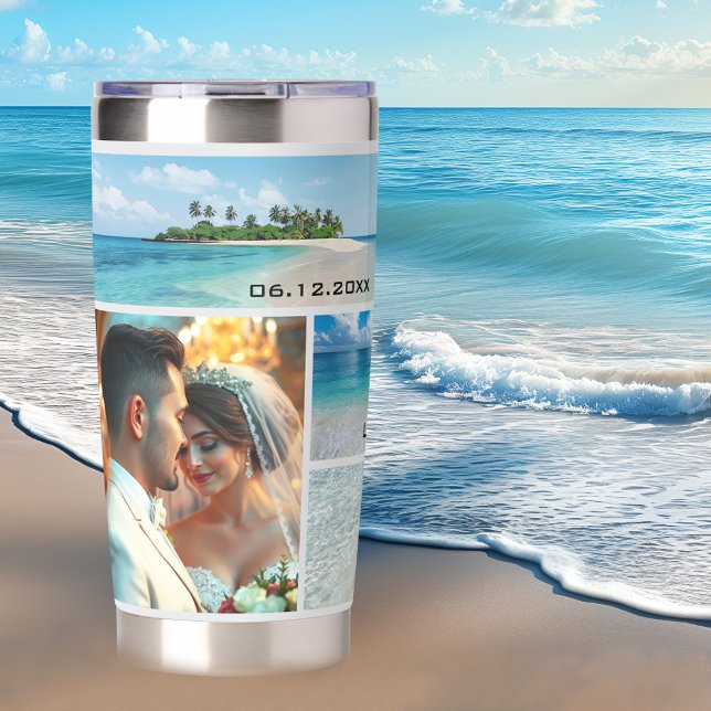 Beach or Destination Wedding Photo Collage Insulated Tumbler (Thermal tumbler featuring your photos to create a delightful keepsake of a beach/destination wedding)