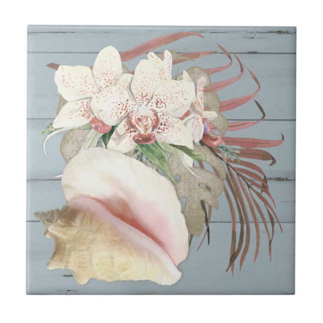 Beach Orchid Floral Conch Seashell Dusty Blue Wood Tile (Front)