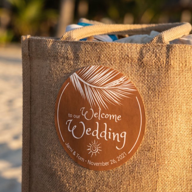 Beach Palm Leaf Burnt Orange Wedding Welcome Classic Round Sticker (Creator Uploaded)
