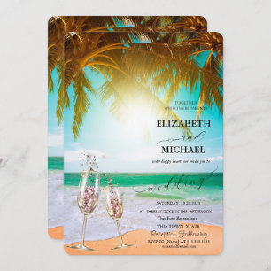 Beach,Palm,Sun, Lights,Glass Script Wedding Invitation