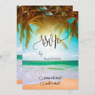 Beach,Palm,Sun,String Lights Script RSVP   Invitation