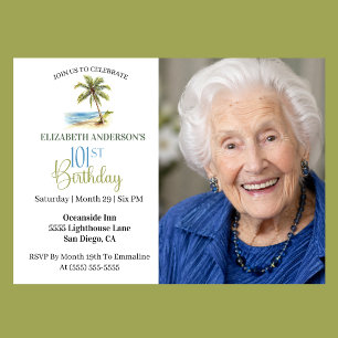 Beach Palm Tree 101st Birthday Photo Invitation