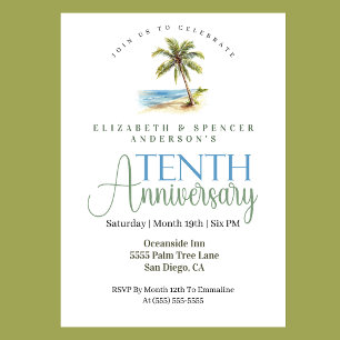 Beach Palm Tree 10th Wedding Anniversary Invitation