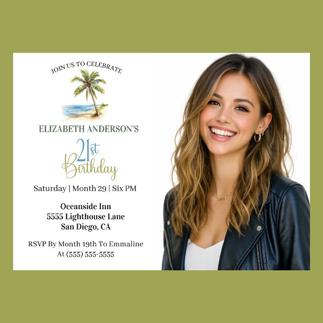 Beach Palm Tree 21st Birthday Photo Invitation (Tropical beach palm tree 21st birthday photo invitation for woman coastal party
)
