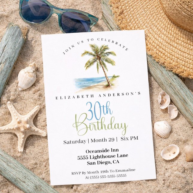 Beach Palm Tree 30th Birthday Invitation (Tropical beach palm tree 30th birthday invitation)