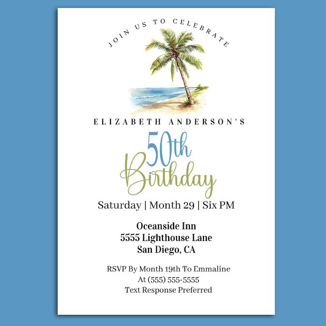 Beach Palm Tree 50th Birthday Invitation (Tropical beach palm tree 50th birthday party invitation with coastal ocean theme and elegant script )
