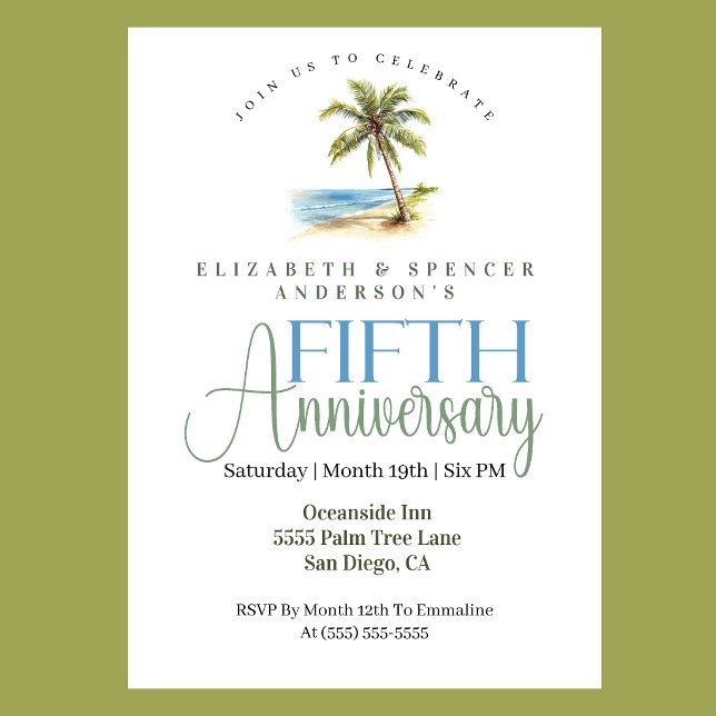 Beach Palm Tree 5th Wedding Anniversary Invitation (Tropical beach palm tree 5th wedding anniversary invitation coastal seaside celebration
)