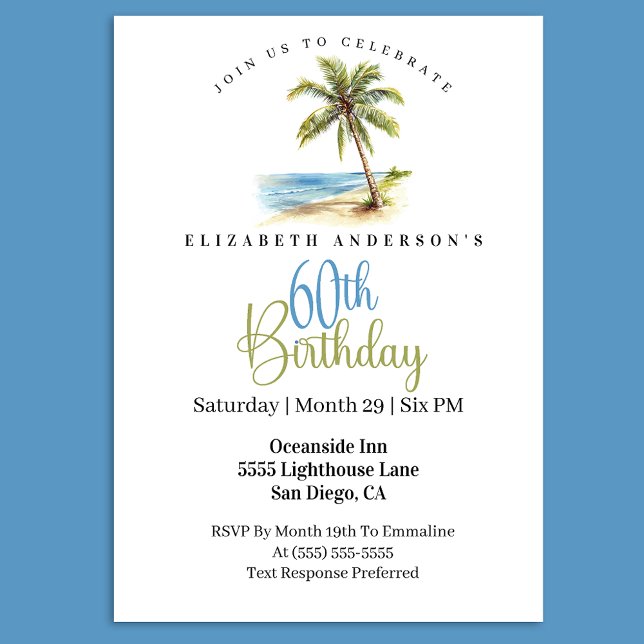 Beach Palm Tree 60th Birthday Invitation (Tropical beach palm tree 60th birthday invitation with ocean coastal theme and elegant typography
)