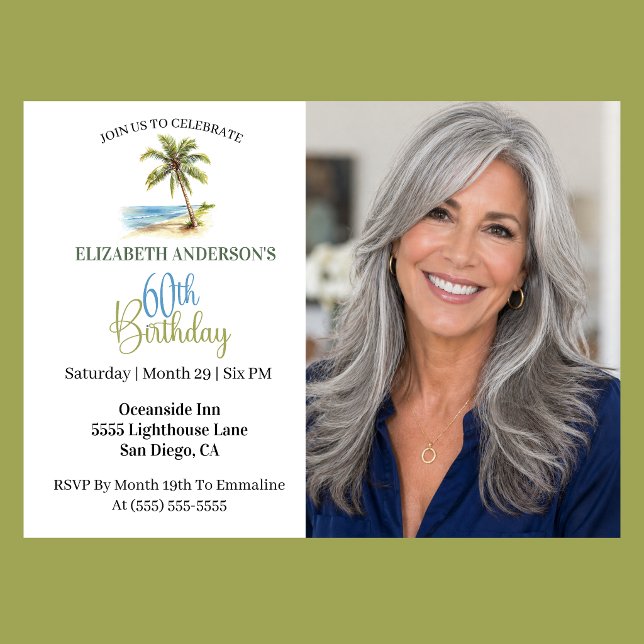 Beach Palm Tree 60th Birthday Photo Invitation (Elegant coastal 60th birthday photo invitation with tropical palm tree beach design and ocean theme )