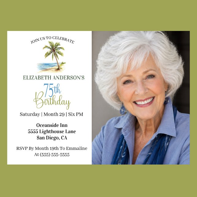 Beach Palm Tree 75th Birthday Photo Invitation (Elegant coastal 75th birthday photo invitation with tropical palm tree beach design and ocean theme )