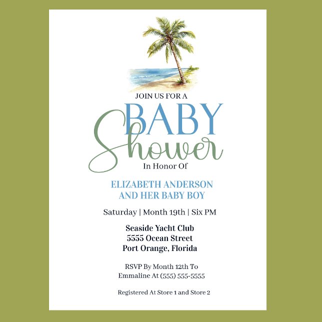 Beach Palm Tree Boy Baby Shower Invitation (Tropical beach baby shower invitation with watercolor palm tree coastal blue and sage green design f)
