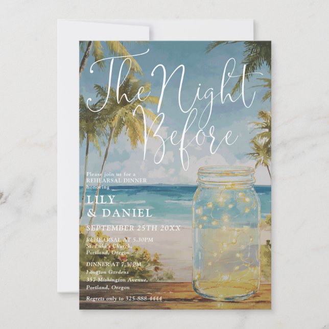 Beach Palm Tree Mason Jar Wedding Rehearsal Dinner Invitation (Front)