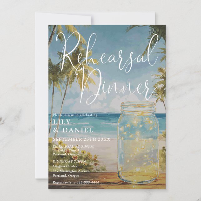 Beach Palm Tree Mason Jar Wedding Rehearsal Dinner Invitation (Front)