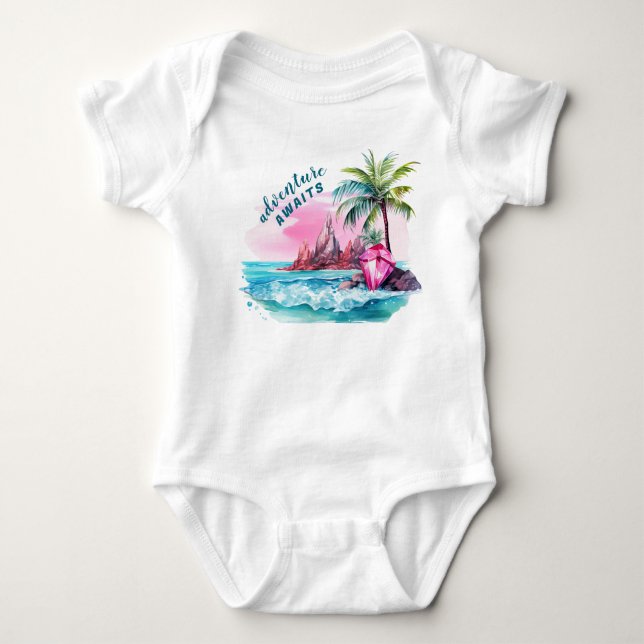 Beach Palm Tree Mountain View Adventure Awaits Baby Bodysuit (Front)
