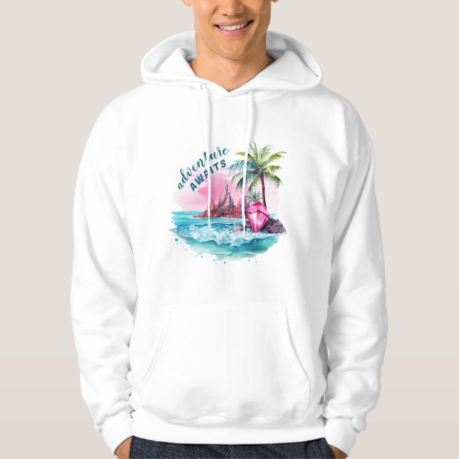 Beach Palm Tree Mountain View Adventure Awaits Hoodie (Front)