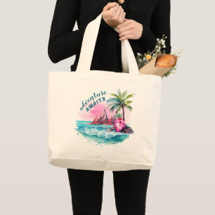 Beach Palm Tree Mountain View Adventure Awaits Large Tote Bag