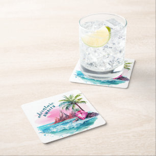 Beach Palm Tree Mountain View Adventure Awaits Square Paper Coaster