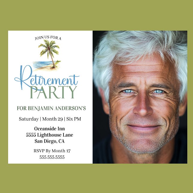 Beach Palm Tree Retirement Party Invitation (Tropical beach Retirement  Party invitation with watercolor palm tree )