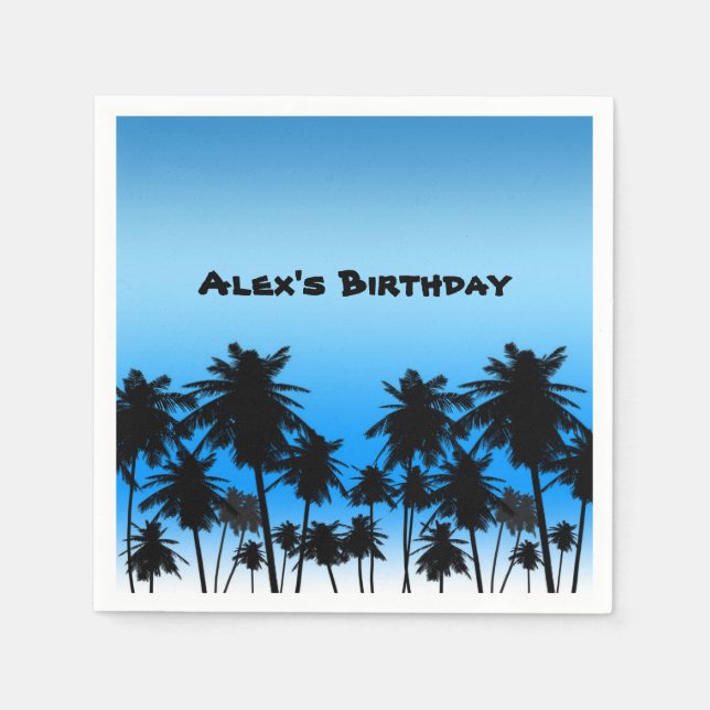 Beach Palm Trees Black & Blue Birthday Party Napkin (Front)