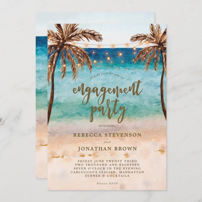 Beach, palm trees engagement party invitation (Front/Back)