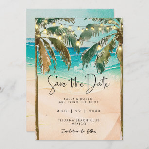 beach palm trees lights save the date card
