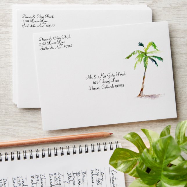 Beach Palm Trees Ocean Destination Wedding Envelope (Stacked)