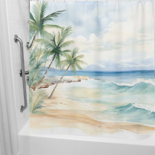 Beach palm trees ocean waves shower curtain