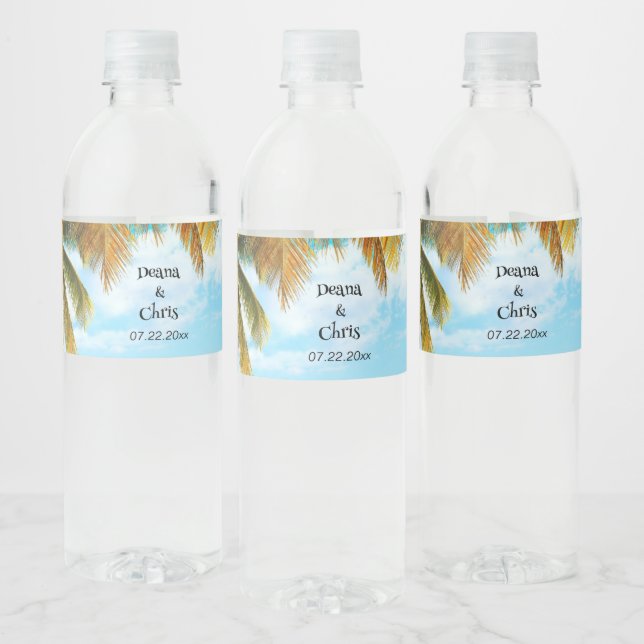 Beach, Palm Trees, Ocean Wedding Water Bottle Label (Bottles)
