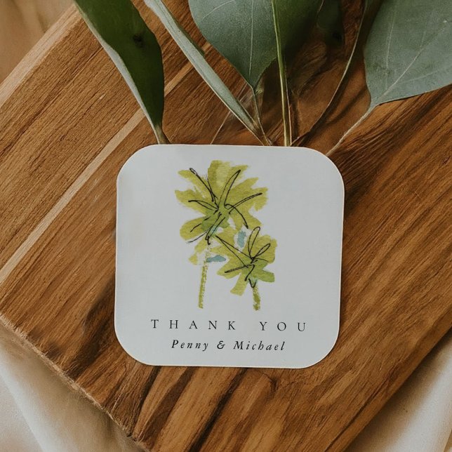 Beach Palm Trees Tropical Thank You Favour Square Sticker (Beach Palm Trees Tropical Thank You Favor Square Sticker)