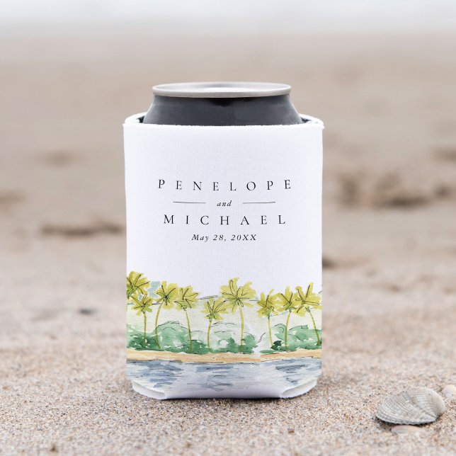 Beach Palm Trees Tropical Watercolor Wedding Can Cooler (Watercolor palm trees beach tropical wedding with elegant typography can coolers.)