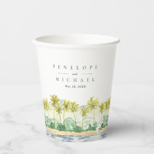 Beach Palm Trees Tropical Watercolor Wedding Paper Cups