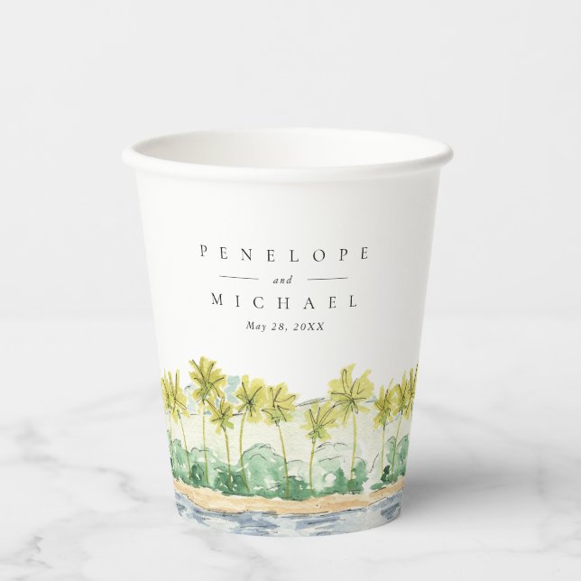 Beach Palm Trees Tropical Watercolor Wedding Paper Cups (Front)