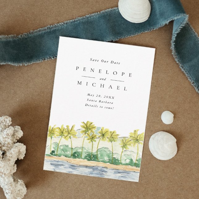 Beach Palm Trees Tropical Watercolor Wedding Save The Date (Creator Uploaded)
