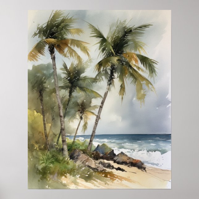 Beach Palm Trees Watercolor Art Print Poster (Front)