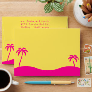 Beach Palm Trees Yellow Pink Birthday RSVP Envelope