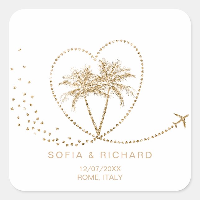Beach Palm Wedding Destination Passport World Map Square Sticker (Front)