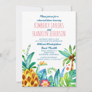 beach palms pineapple watercolor rehearsal dinner invitation