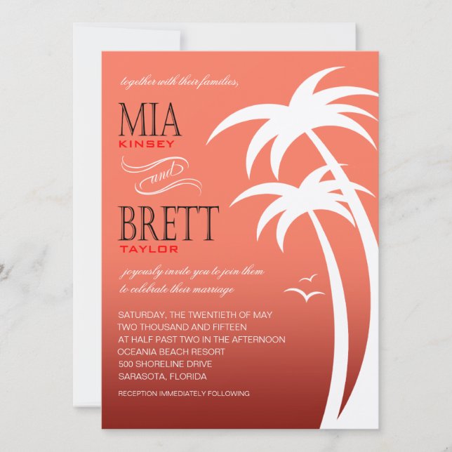 Beach Palms Tropical Wedding FELT | coral Invitation (Front)