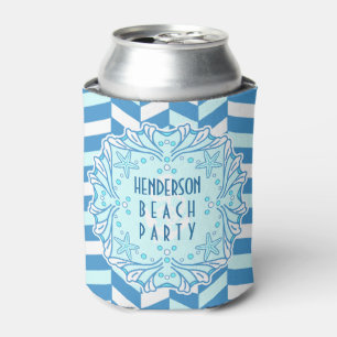 Beach Party Art Deco Shell and Herringbone Custom Can Cooler