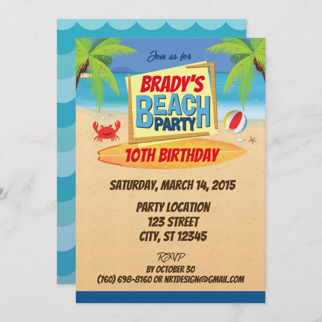 Beach Party Birthday Invitation (Front/Back)