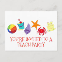 Beach Party Crab Starfish Sun Shell Invitation