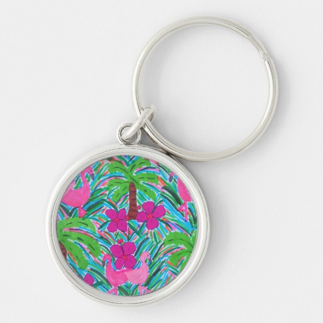 Beach Party Flamingos and Palm Key Chain (Front)