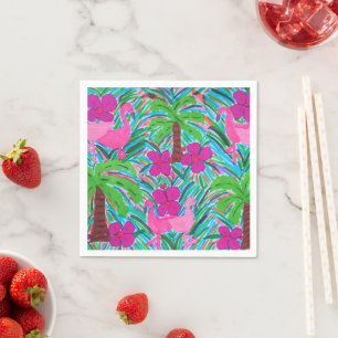 Beach Party Flamingos and Palm Trees Napkin