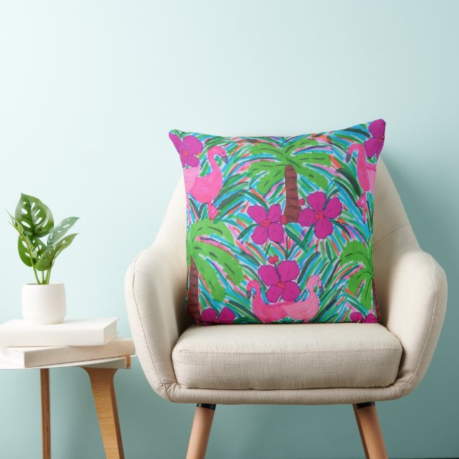 Beach Party Flamingos and Palm Trees Throw Pillow (Chair)