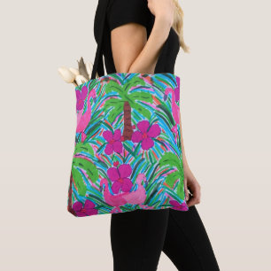 Beach Party Flamingos and Palms Pattern Tote Bag
